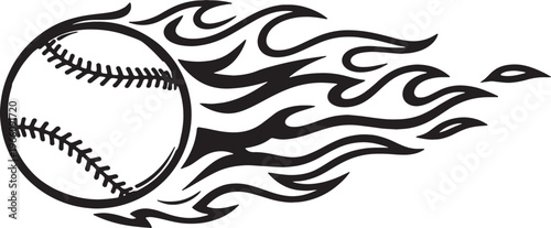 Black and white vector illustration of a baseball ball on fire, tribal flame design, sports icon, dynamic motion graphic element