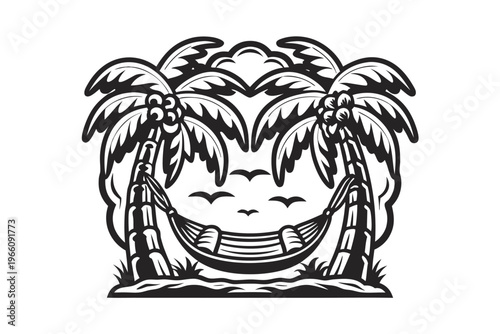 Tropical Beach Hammock and Palm Tree Vector Silhouette Isolated on White Background