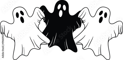 Black and white ghostly figures a spooky halloween illustration