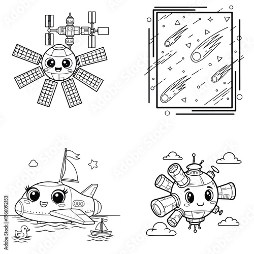 Space exploration and transportation coloring page set with satellite meteors and cute airplane