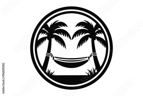 Simple Graphic Illustration of a Hammock Between Palm Trees for Summer Holiday Themes