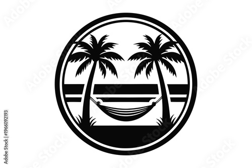 Paradise Island Relaxation Design Element with Silhouette Palm Tree and Hammock