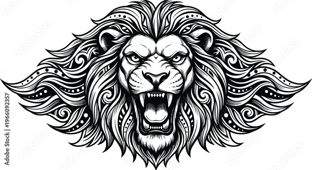 Fototapeta premium Roaring Lion Head Vector Illustration, Black and White, Tribal Art