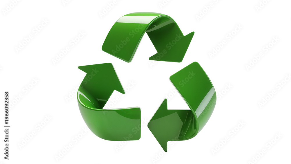 Obraz premium Vibrant green glossy three-dimensional recycling symbol with smooth reflective surface, isolated on transparent background for ecological sustainability