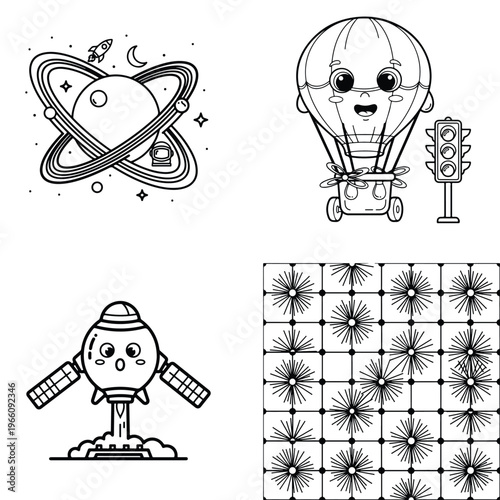 Space and sky transportation coloring collection with saturn rocket hot air balloon and star pattern