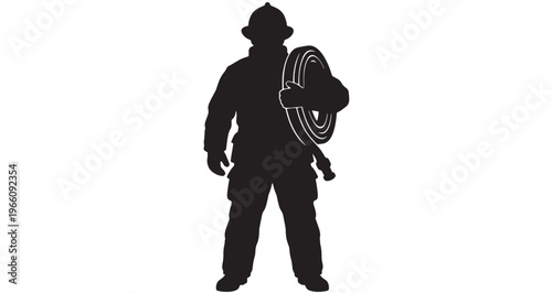 Firefighter Standing Silhouette illustration, depicting a brave emergency services worker wearing protective gear and helmet, standing proudly while carrying a coiled fire hose