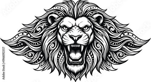 Roaring Lion Head Vector Illustration, Black and White, Tribal Art