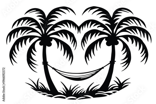 Summer Travel Poster Element: Black and White Palm Tree and Hammock Silhouette
