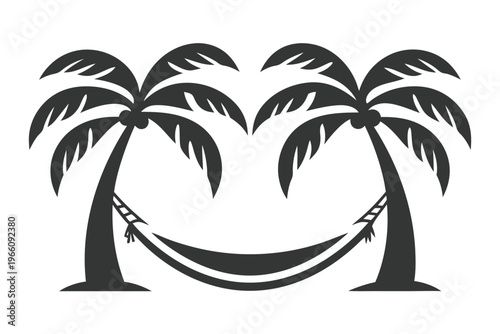 Peaceful Tropical Shoreline Vector with Silhouette of Palm Tree and Leisure Hammock