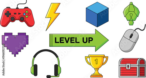 Gaming and Achievement Icons Set Featuring Controller, Trophy, Headset, and Level Up for Video Games and Player Progression