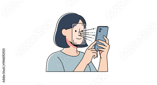 Woman using smartphone with facial recognition.