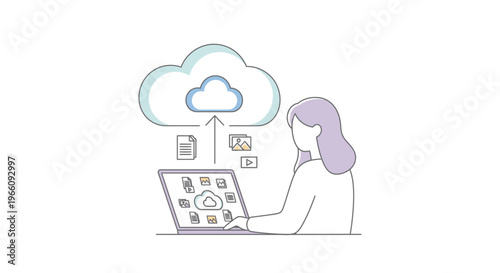 woman using laptop with cloud storage.