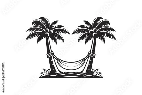 Coastal Summer Vibes Illustration with Black and White Palm Tree and Hammock Silhouette