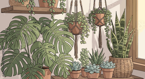 A cozy indoor plant collection bathed in warm sunlight, featuring a variety of houseplants in macrame hangers and on shelves