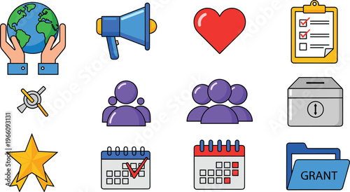 Nonprofit and Community Support Icons Set Featuring Globe, Megaphone, Heart, Calendar, and Grant for Fundraising and Social Causes