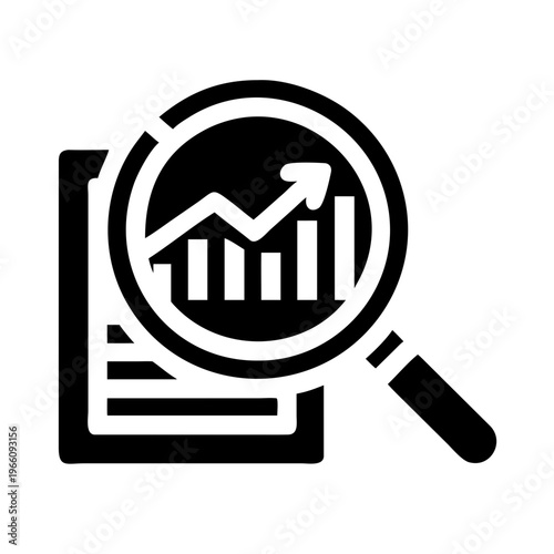Black and white icon of a magnifying glass over a graph and document