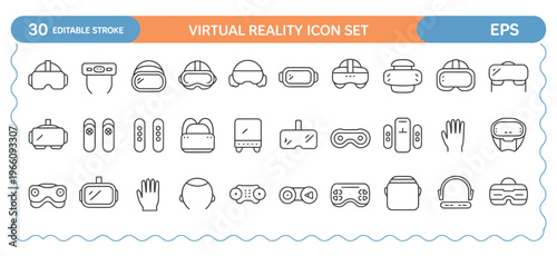 Virtual reality icon set with 30 elements, black line drawings on white background, EPS vector graphics