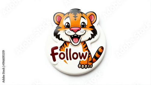 Happy cartoon tiger character holding follow sign with paws on white round background art.