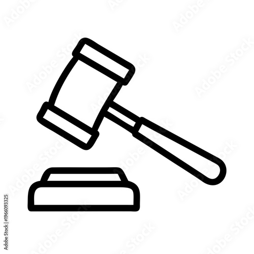 A black line icon of a gavel and sound block