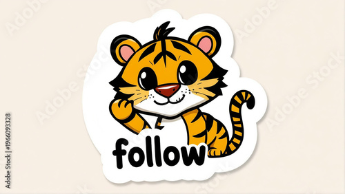 Cute cartoon baby tiger character sticker pointing to follow text on beige background.