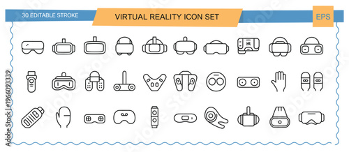 Virtual reality icons set including headset, controllers, and symbols for immersive technology and gaming