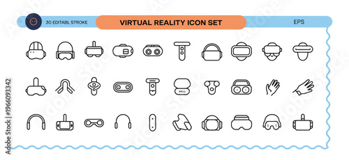 Virtual reality icon set for design and technology projects, including VR headsets and controllers