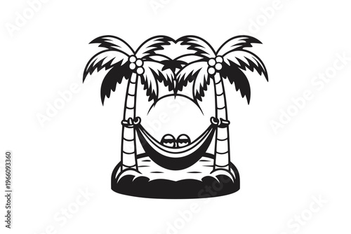 Black and White Silhouette Art of a Tropical Beach Hammock and Coconut Palm Tree