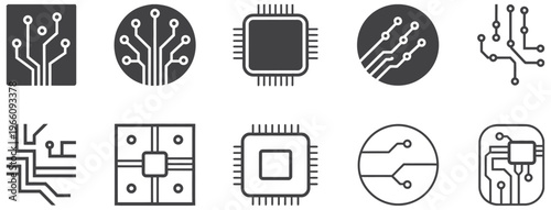 Collection of various electronic circuit board and microchip icons in black and white