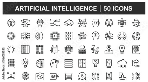 Collection of 50 artificial intelligence line icons, various concepts and technology symbols