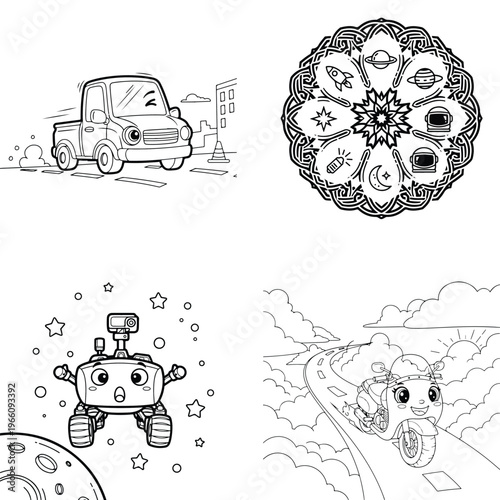 Space exploration and vehicle coloring page featuring lunar rover and truck
