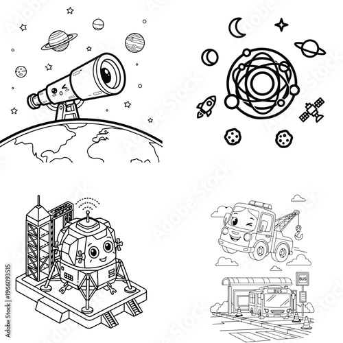 Cute cartoon telescope on earth, planets, rockets, and space, line art vector, outer space