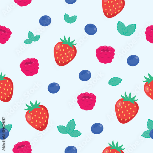 Summer berry pattern. Strawberry, raspberry, blueberry and mint leaves arranged in a repeating design. Seamless pattern