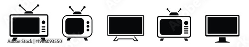 Retro TV icon set. Vintage and modern television symbols. Minimal electronics collection. Old television with antenna, flat screen monitor, classic TV devices. Media technology concept.