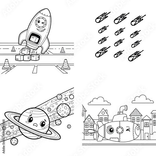 Cute cartoon rocket on building blocks, meteors, saturn, and city, line art, outer space, hand drawn