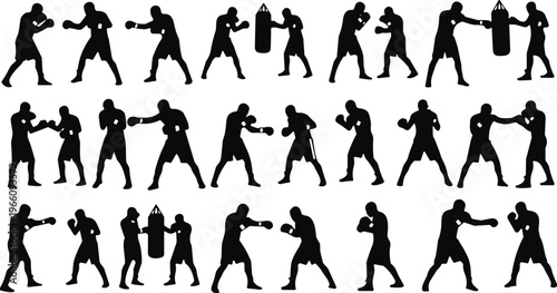 Boxing silhouettes illustration, fighters in action, punching poses, defensive stances, training icons, sparring figures, punching bag, black silhouettes, vector art, design outline