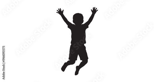  Young Child Jump Silhouette vector illustration graphic, full body silhouette, playfully jumping with arms raised high in the air, symbolizing joy, energy