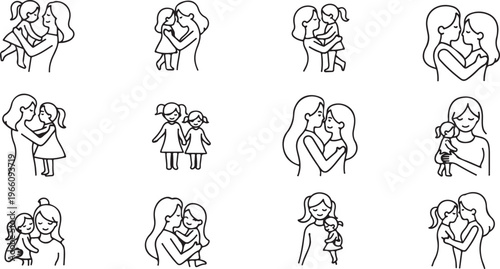 Twelve black and white line of people with various hairstyles and poses line people haircuts fashion