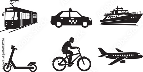 Black and white of a bus car bicycle motorcycle and airplane desig