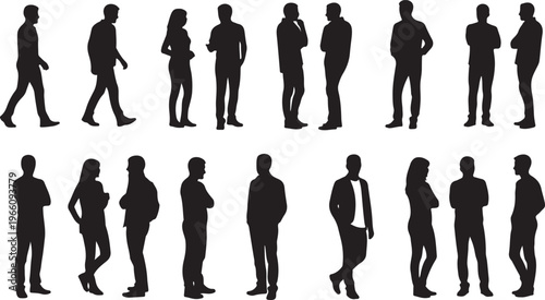 Black and white of diverse people walking in various directions silhouettes des