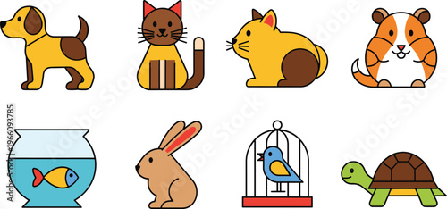 Cute Pet Animals Icons Set Featuring Dog, Cat, Rabbit, Bird, Fish, Guinea Pig, Turtle, and Cage for Pet Care, Animal Lovers, and Pet Shop Designs