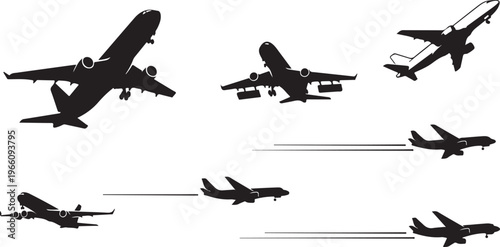 Black and white of nine airplanes in flight aeroplane aircraft des