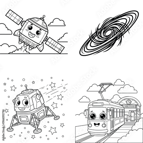 Cute cartoon spaceship launching into outer space, line art, black and white, solar system