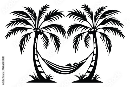 Coastal Vacation Icon with a Black Silhouette of a Palm Tree and a Hammock