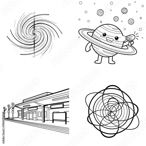 Cosmic swirl, ringed planet with ray gun, and train station for kids coloring, black and white