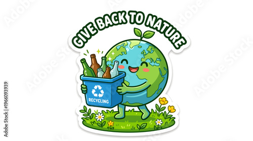 Charming cartoon Earth character promoting environmental protection and responsible recycling, urging everyone to give back to nature for a sustainable future