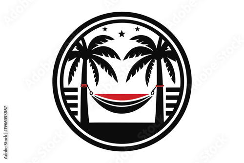 Simple Black and White Silhouette of a Palm Tree and Hammock on a White Background