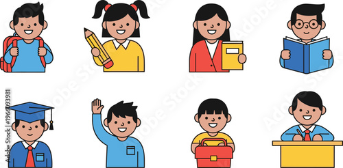 Diverse School Children Vector Icon Set Featuring Kids with Backpacks, Books, Graduation Caps, and School Supplies for Education and Classroom Themes