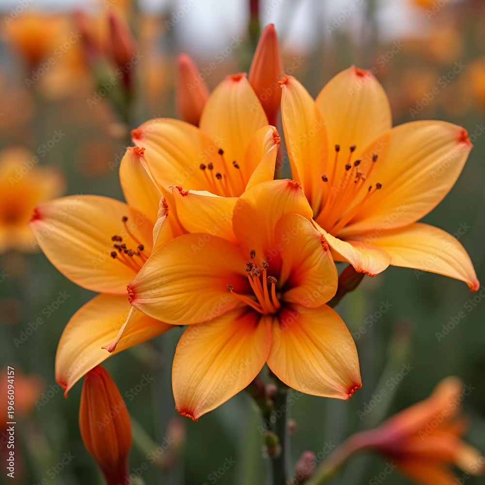 Fototapeta premium A group of orange flowers grows in a garden filled with greenery. The flowers bloom brightly, reaching up to the sunlight, surrounded by more plants, creating a lively scene Generative AI