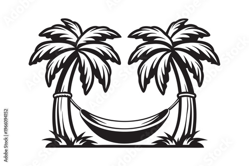 Exotic Island Travel Silhouette with Palm Trees and a Hammock for Leisure Projects