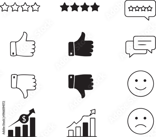 Customer Feedback and Rating Icon Set, Review Stars, Like and Dislike Icons, User Satisfaction and Analytics Vector Pack, Outline and Solid Style